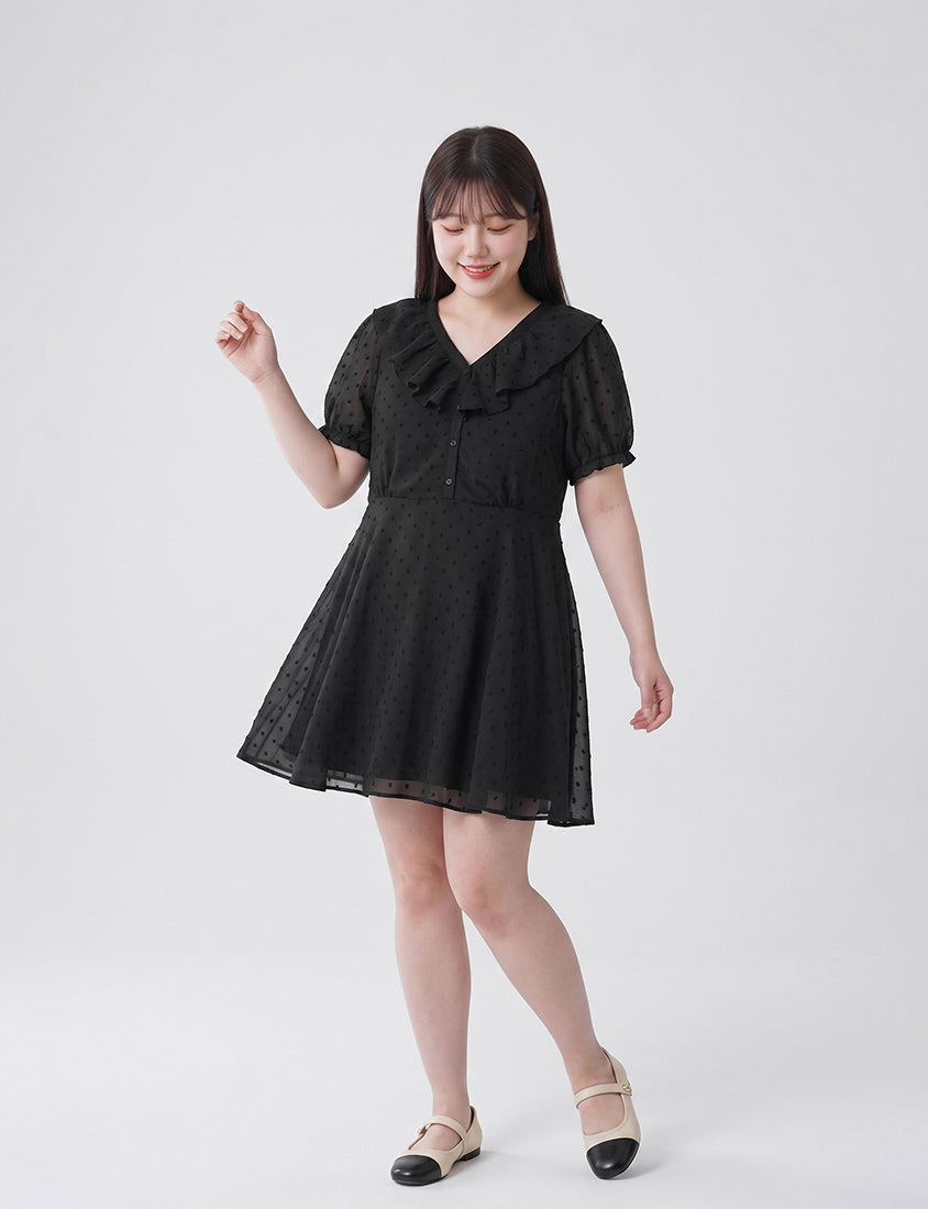 MISS. Polka Dot Jacquard Ruffle V-Neck Plus Size Mini Dress