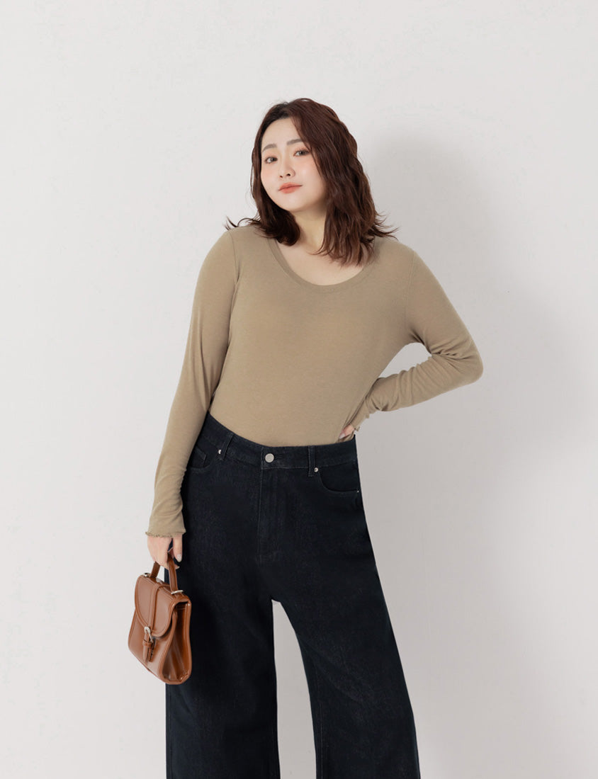 Sheer Tencel Wool Crew Neck Plus Size Long Sleeve Top