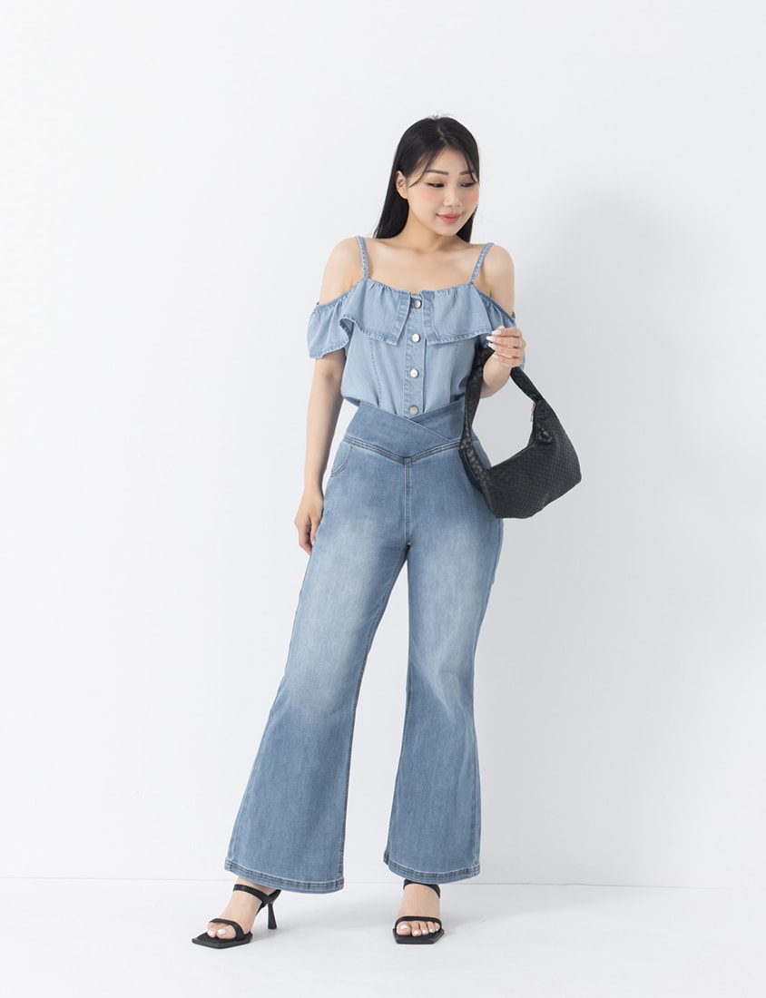 Tencel Silky Denim Ruffle Plus Size Off-Shoulder Top