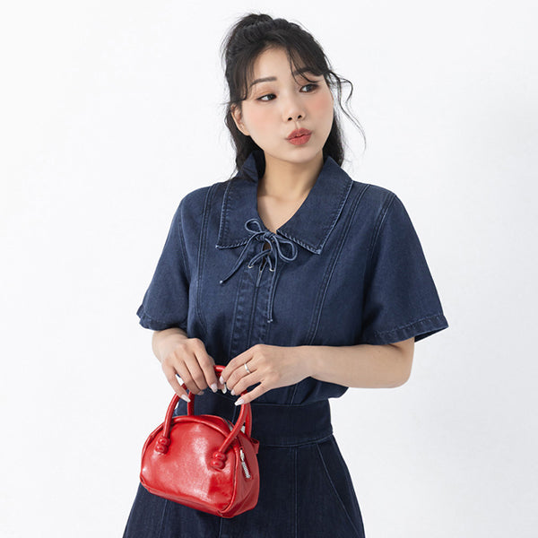 Tencel Silky Denim Tie-Front Collar Plus Size Top