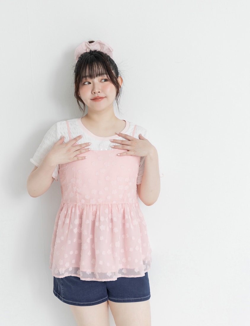 Bow Embroidery Ruffle Crinkle Plus Size Top