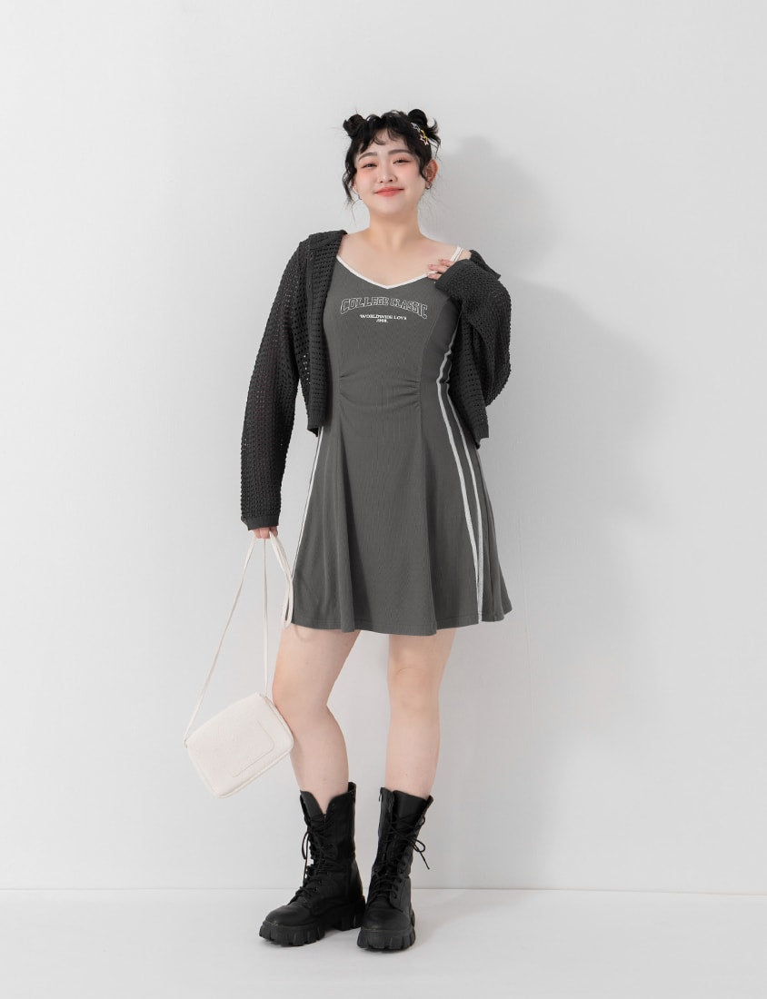 Slim Fit Ribbed V-Neck Letter Print Plus Size Mini Dress