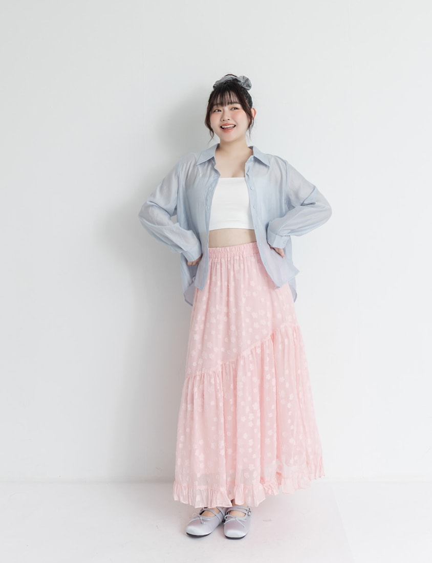 Japanese Floral Jacquard Tiered Plus Size Maxi Skirt
