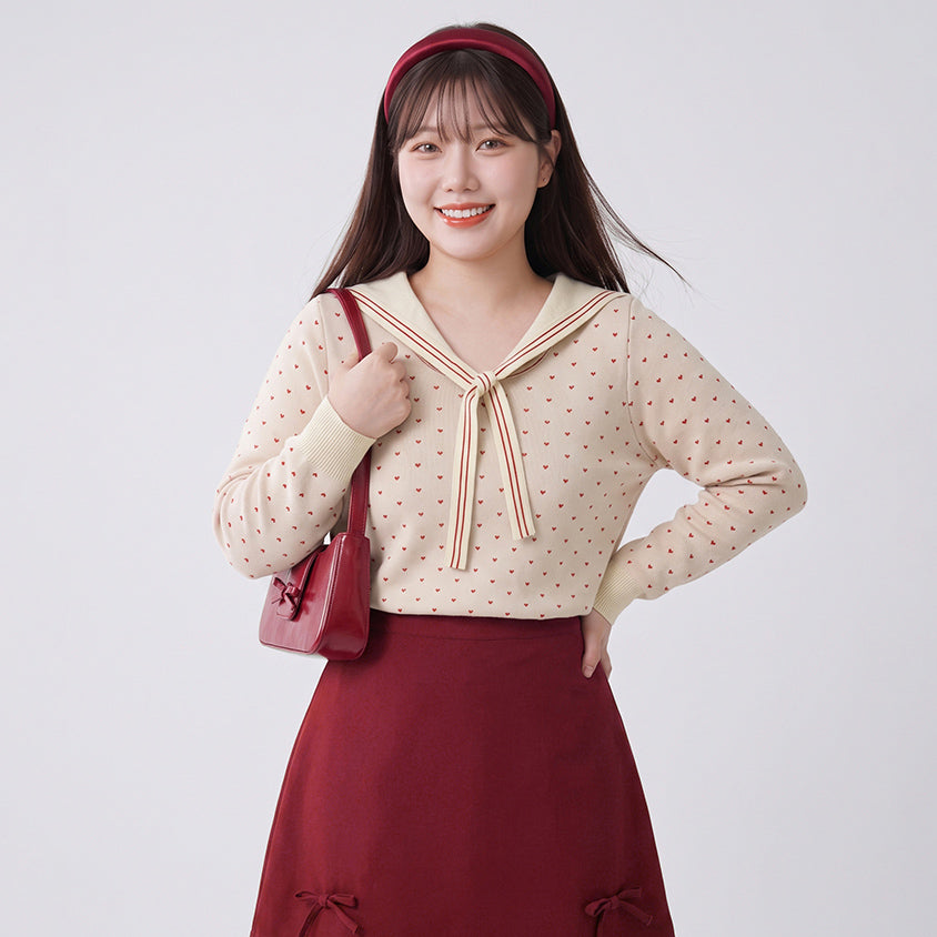 Sweet Heart Sailor Collar Long Sleeve Knit Plus SizeTop