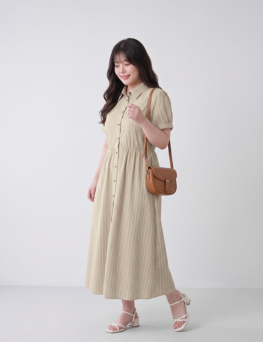 Japanese Contrast Stripe Shirt Collar Plus Size Maxi Dress