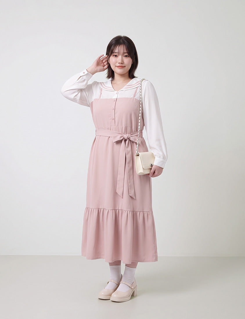 Contrast Sailor Collar Faux Two Piece Plus Size Maxi Dress (With Waist Tie)