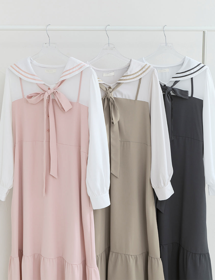 Contrast Sailor Collar Faux Two Piece Plus Size Maxi Dress (With Waist Tie)