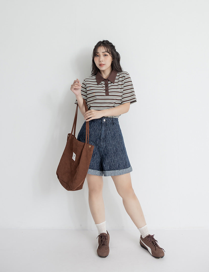Textured Two-Tone Denim Cuffed Plus Size Shorts