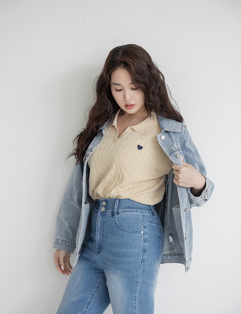 Heartbeat Applique Embroidered Oversized Denim Jacket (Unisex)