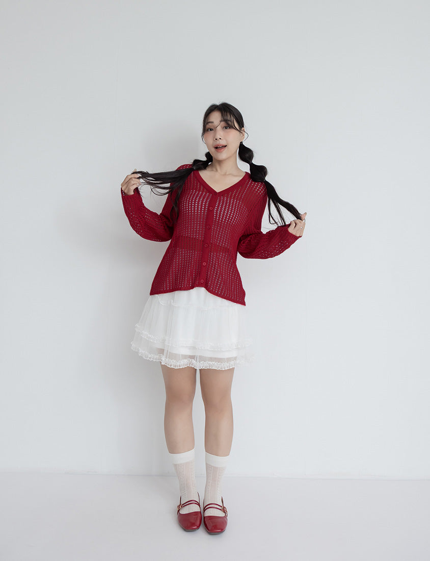 V-Neck Ice Silk Openwork Knit Plus Size Cardigan