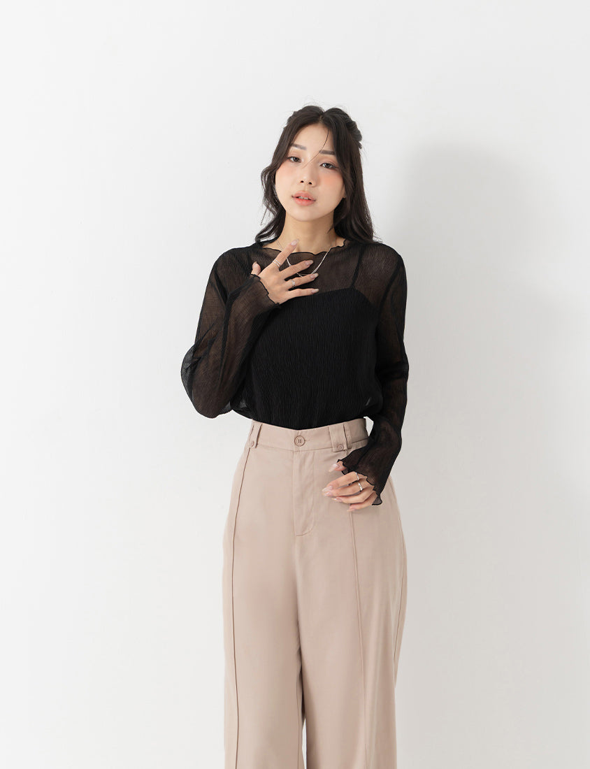 MISS. Ethereal Crinkle Sheer Mock-Neck Plus Size Top