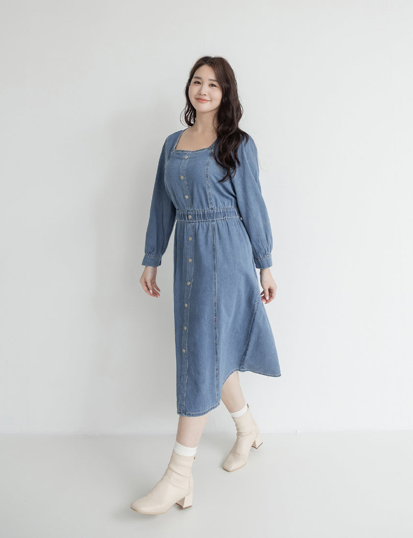 Smock-Waisted Square Neck Faux-Button Denim Plus Size Maxi Dress