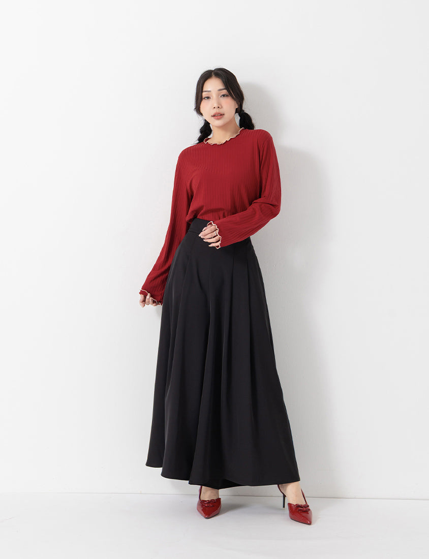 Soft Wide Ribbed Ruffle-Trim Long Sleeve Plus Size Top