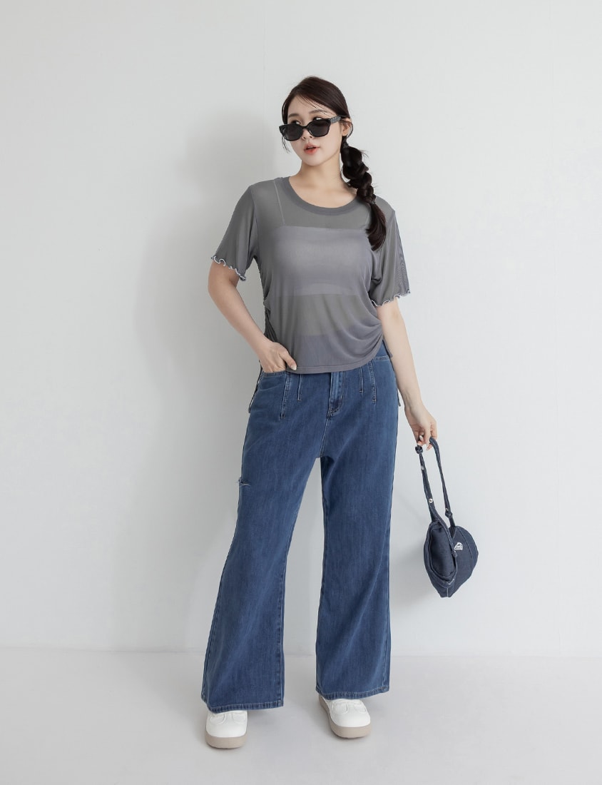 Side Drawstring Sheer Ruffle Sleeve Plus Size Top