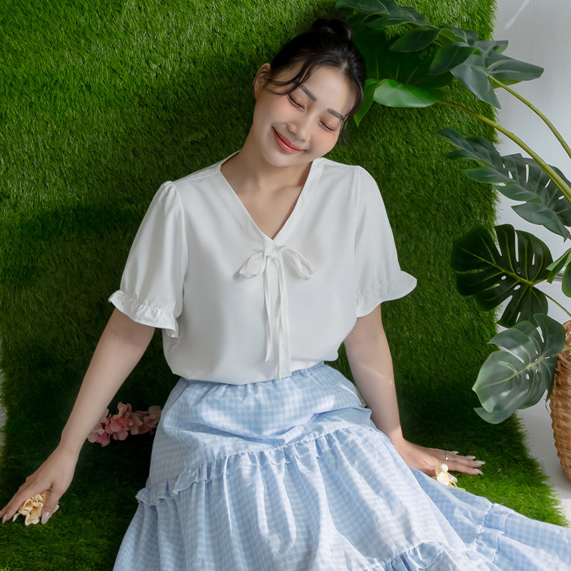 Cooling Tencel Silky Denim-Like Puff Sleeve Plus Size Shirt