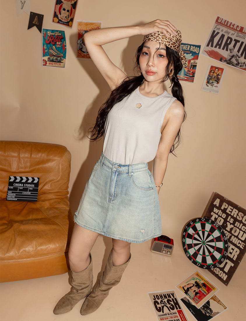 MUA! Side Pearl Studded Distressed Denim Plus Size Mini Skirt
