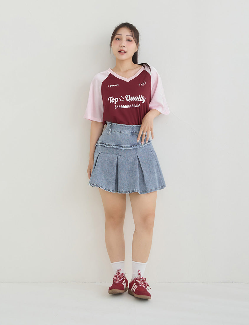 Sweet & Edgy Frayed Denim Pleated Plus Size Mini Skirt