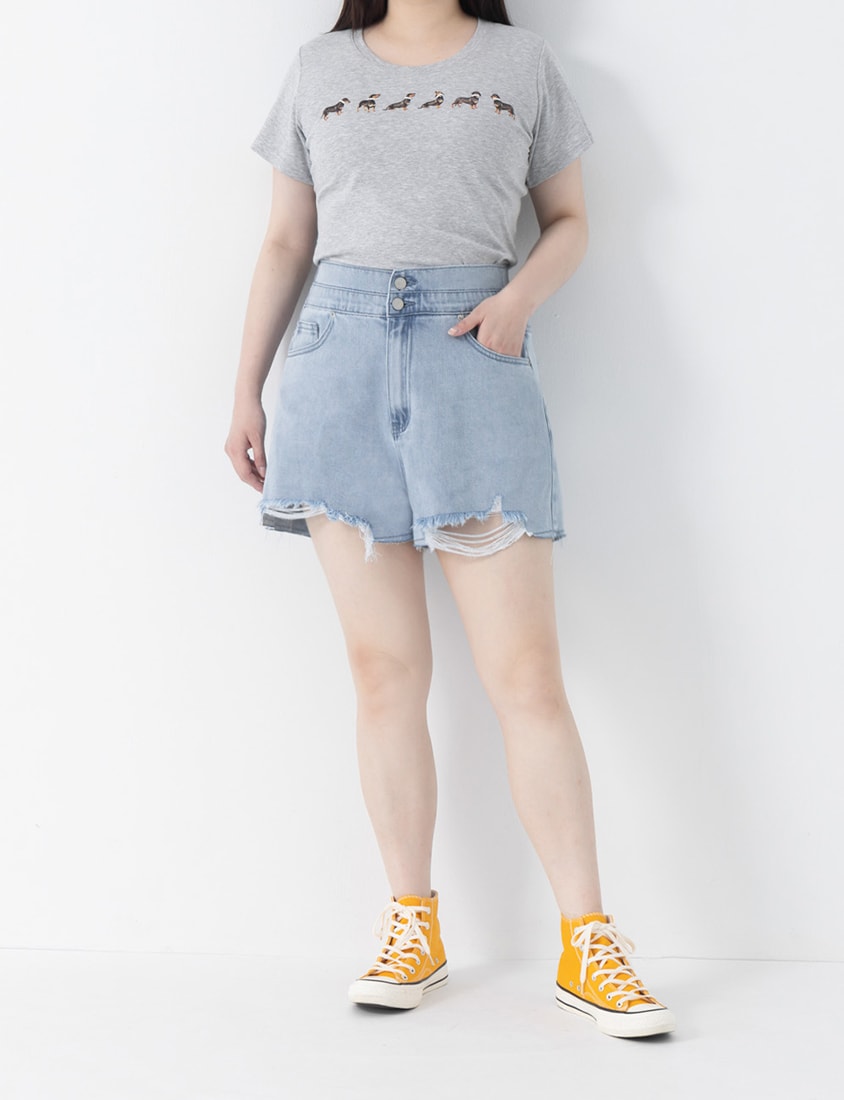 Tencel Silky Denim Double Button Distressed Plus Size Shorts