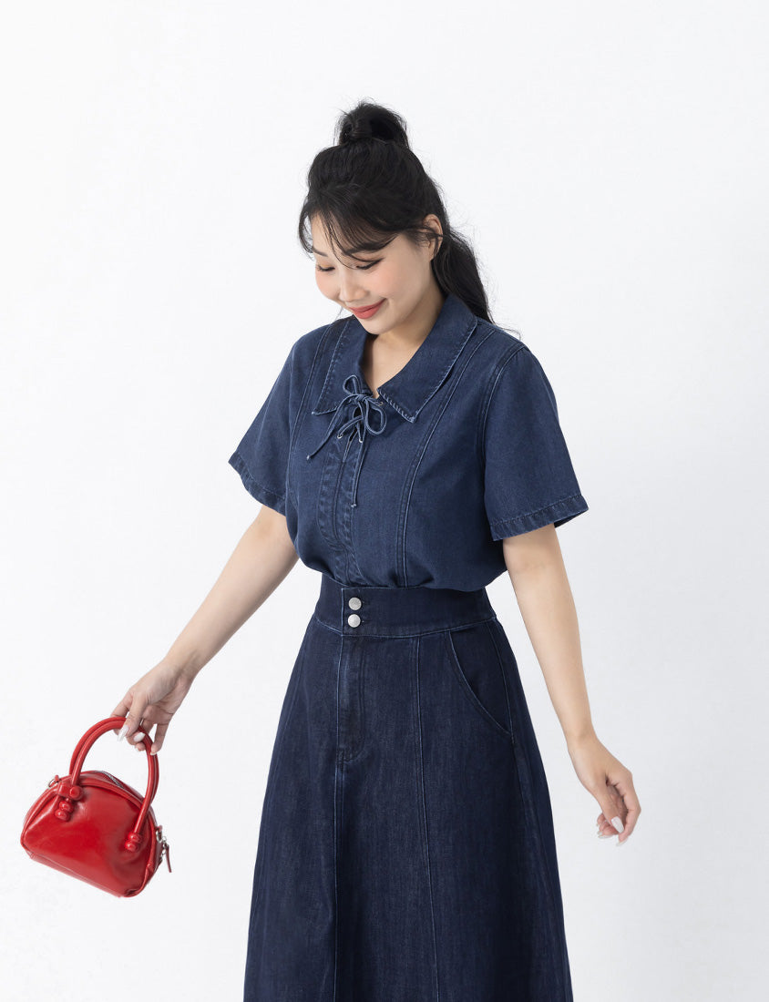 Tencel Silky Denim Tie-Front Collar Plus Size Top
