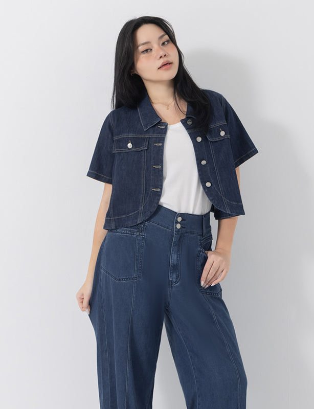 Curved Cut Plus Size Cropped Denim Jacket