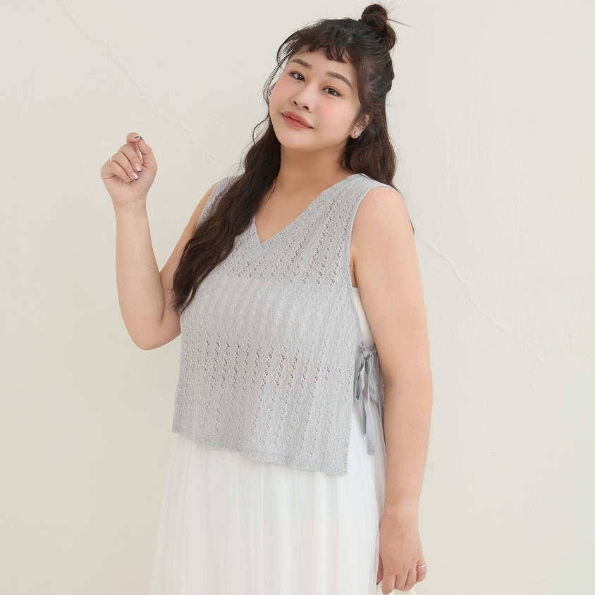 Versatile Openwork Knit Tie-Front Plus Size Tank Top