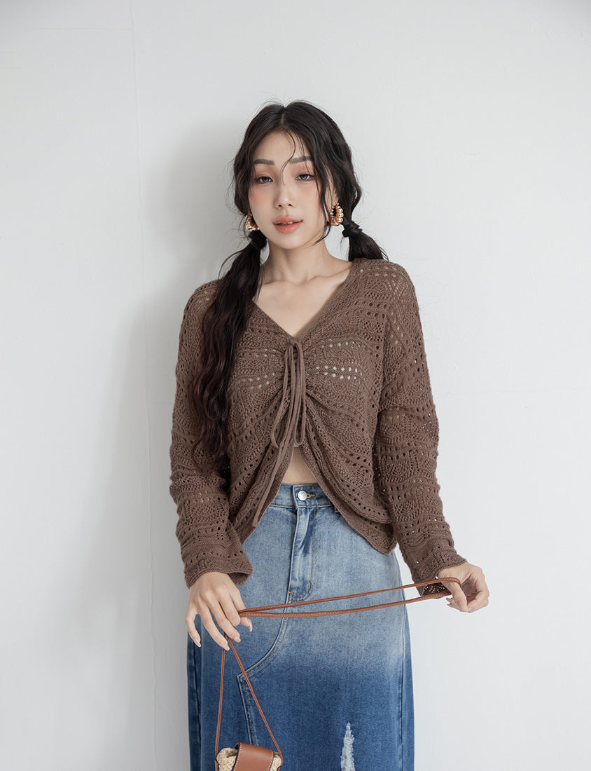 MUA! Lace Openwork Drawstring Knit Plus Size Top