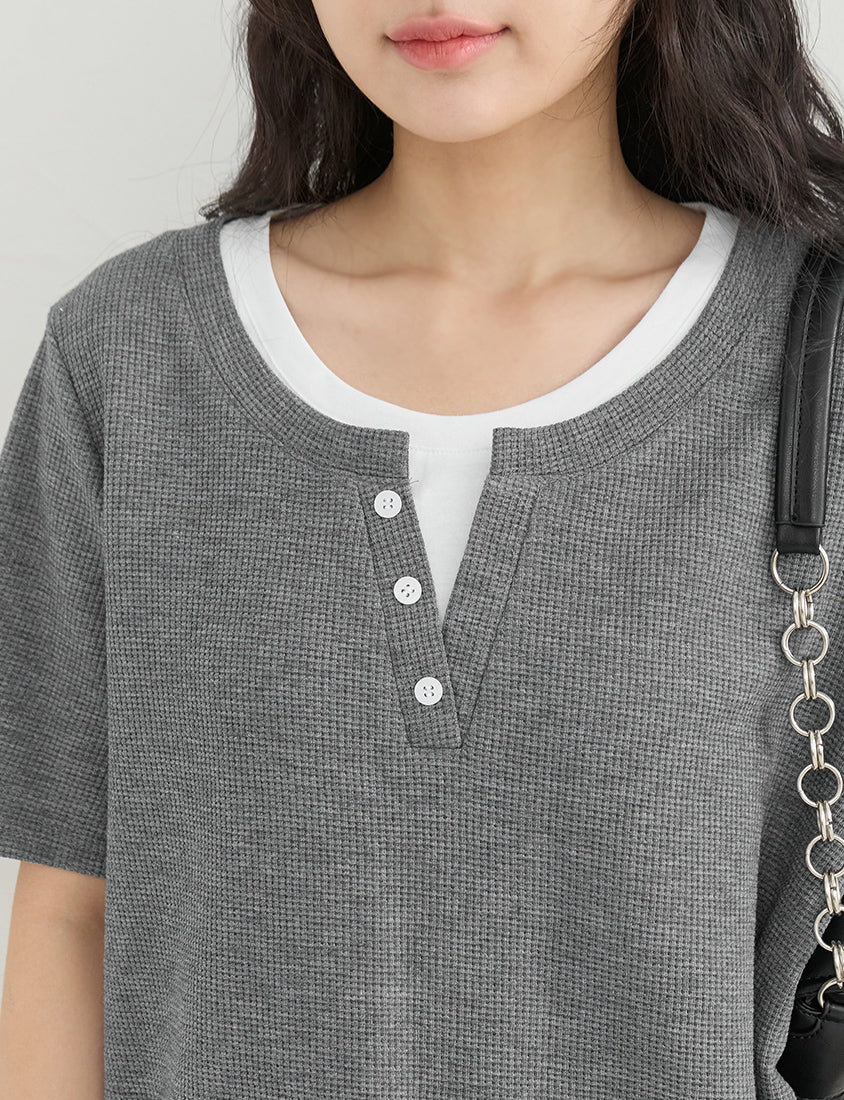 Waffle Knit Faux Two-Piece Plus Size Top