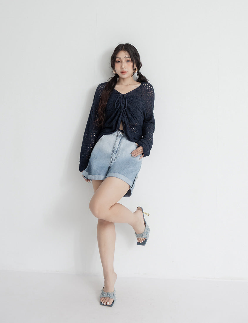 MUA! Lace Openwork Drawstring Knit Plus Size Top