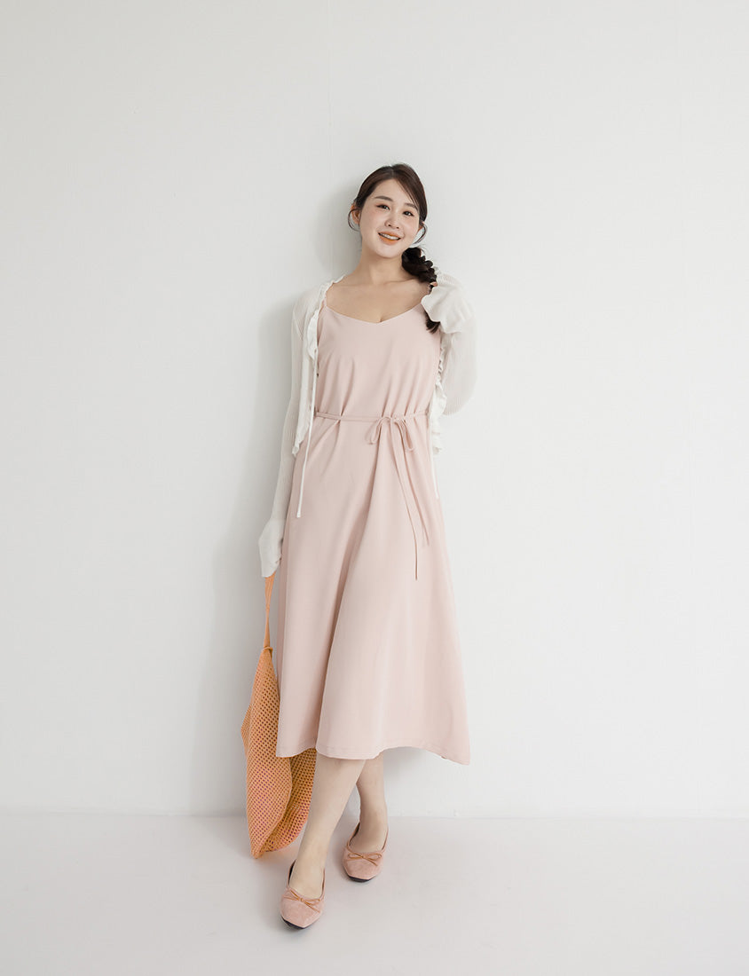Wrinkle-Resistant A-Line Plus Size Cami Maxi Dress (With Waist Tie)