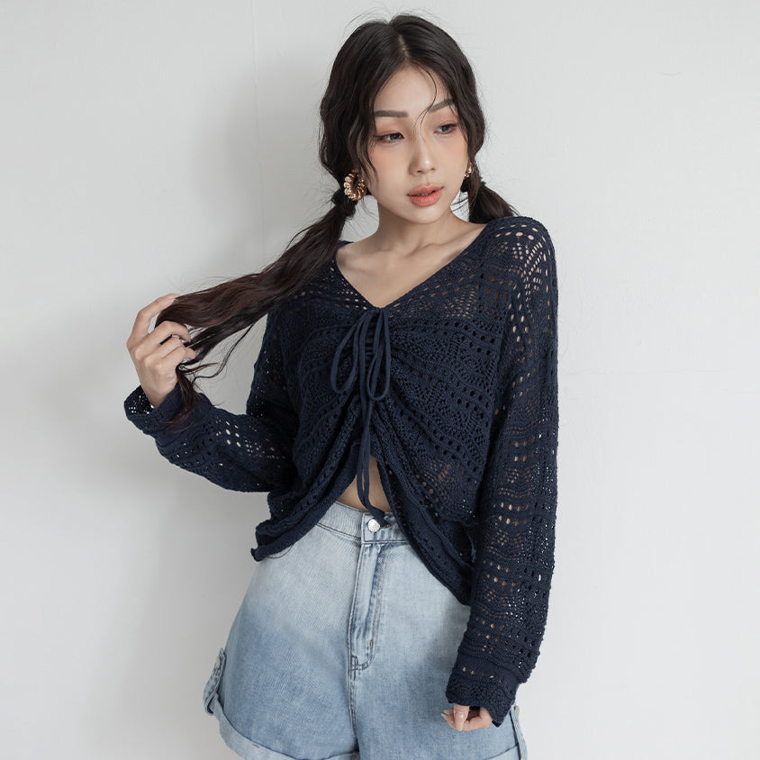 MUA! Lace Openwork Drawstring Knit Plus Size Top