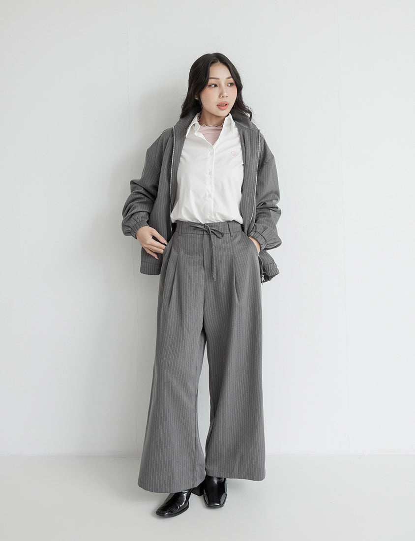 Striped Elastic Back Waist Relaxed Plus Size Tailored Trousers