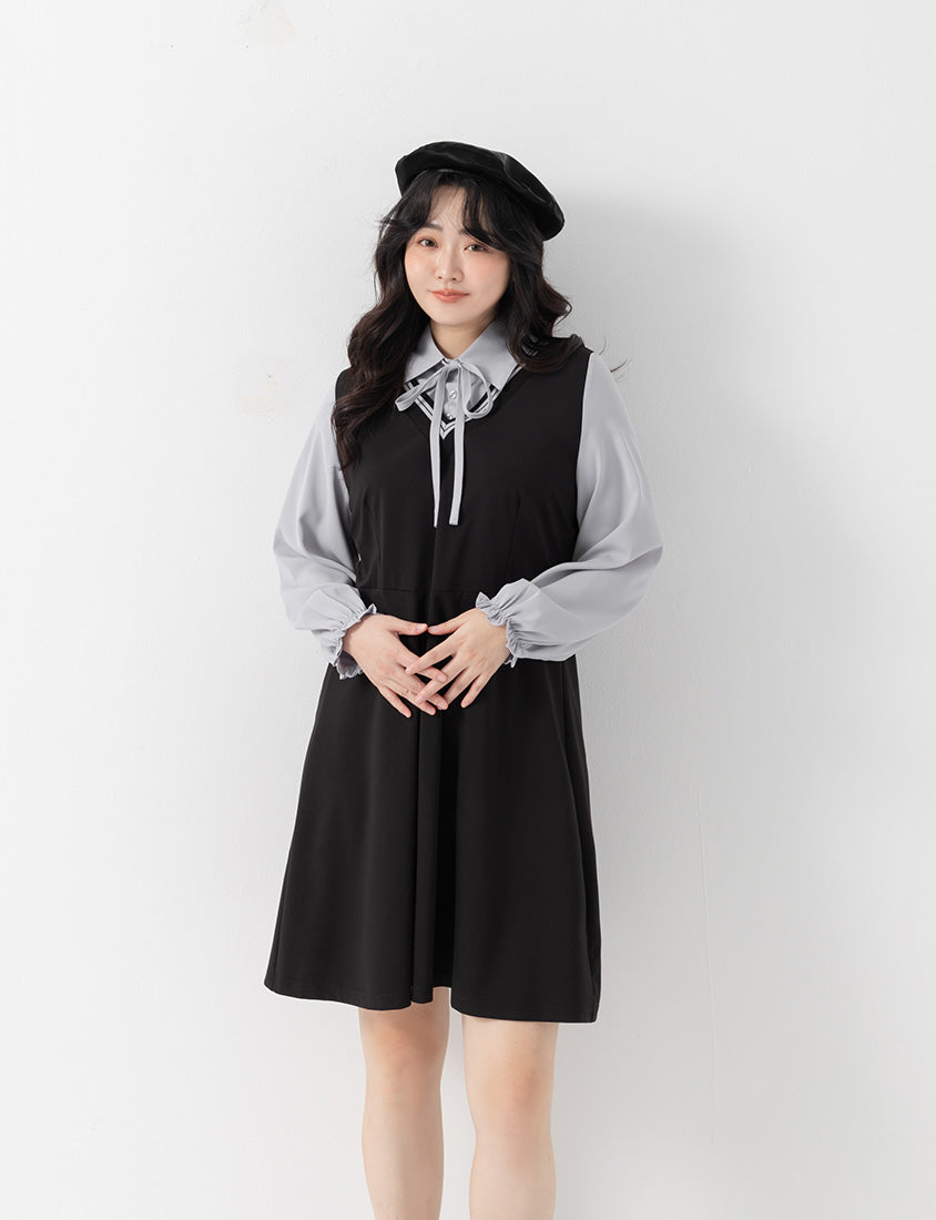 Preppy Contrast Color Faux Two-Piece Plus Size Mini Dress (With Tie)