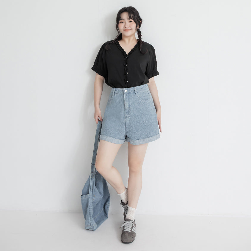 Textured Two-Tone Denim Cuffed Plus Size Shorts