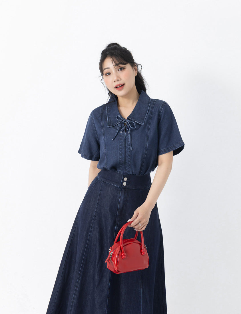 Tencel Silky Denim Tie-Front Collar Plus Size Top