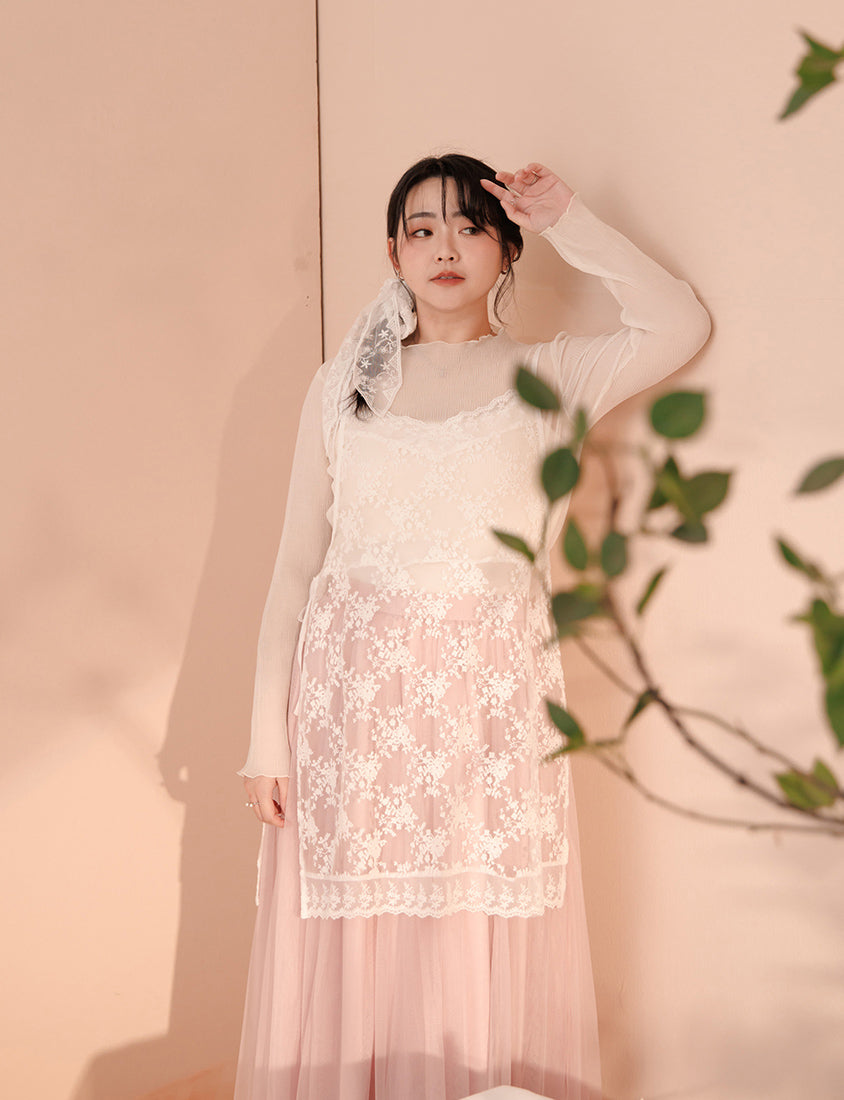 MISS. Ethereal Crinkle Sheer Mock-Neck Plus Size Top