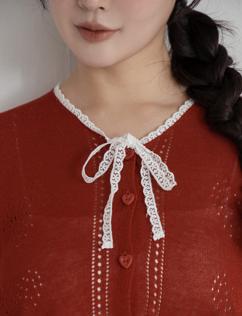 Lace Collar Heart Cutout Plus Size Knit Cardigan