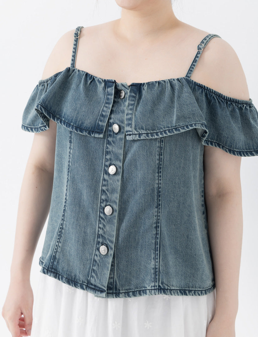 Tencel Silky Denim Ruffle Plus Size Off-Shoulder Top