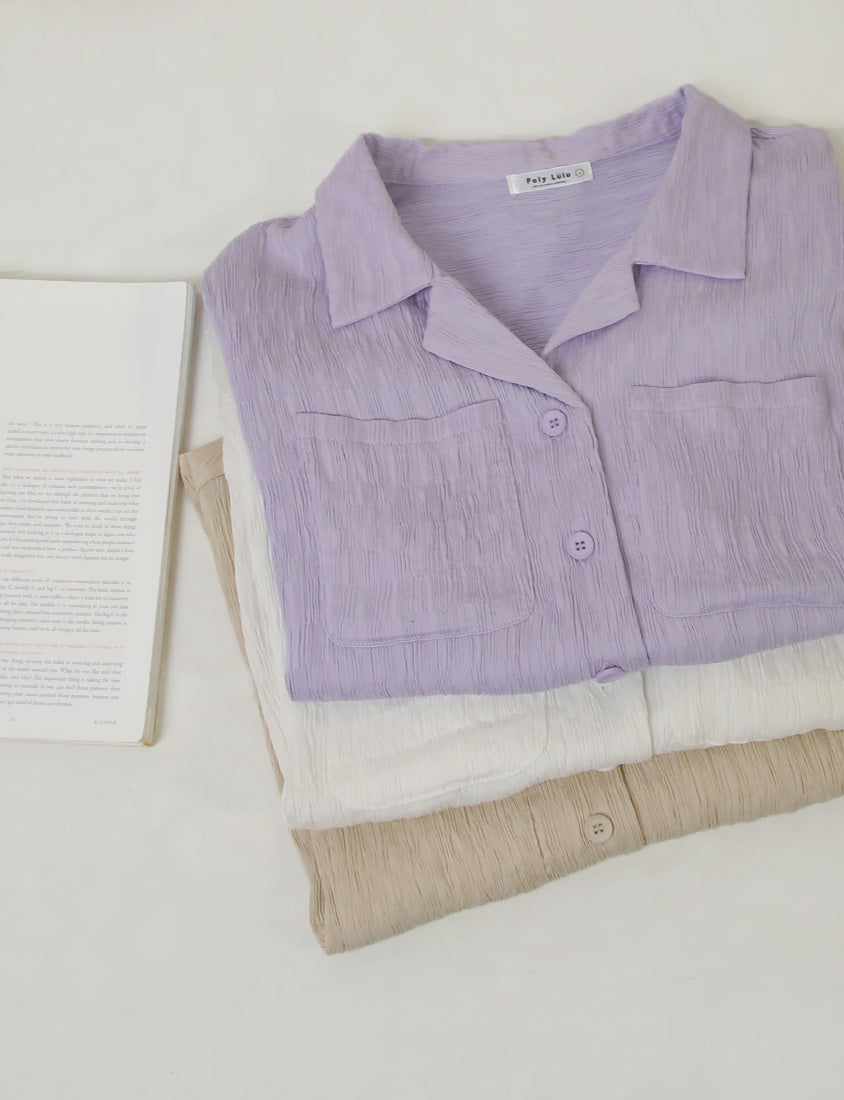 Cuban Collar Crinkled Texture Large Pocket Plus Size Shirt
