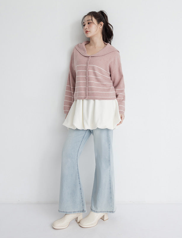 Striped Faux-Button Sailor Collar Plus Size Knit Top