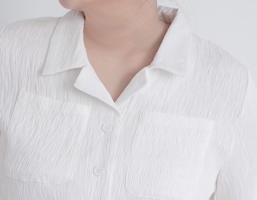 Cuban Collar Crinkled Texture Large Pocket Plus Size Shirt