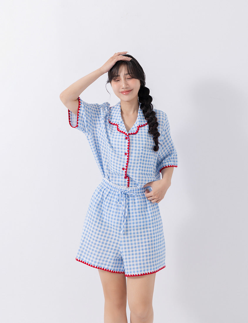 Skin-Friendly Gingham Contrast Frill Casual Plus Size Shirt
