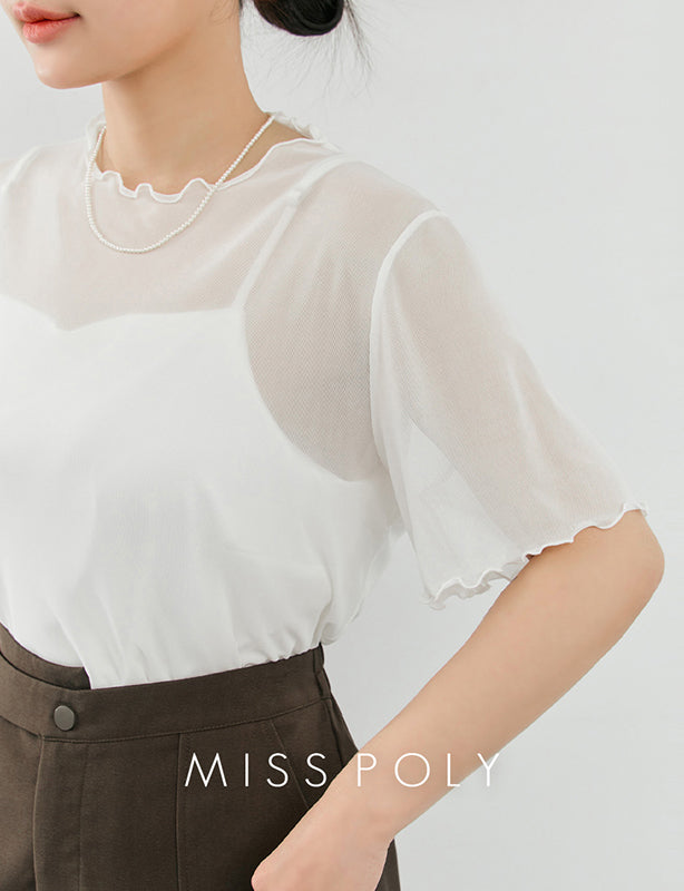 MISS. Ruffle Trim Sheer Plus Size Short Sleeve Top