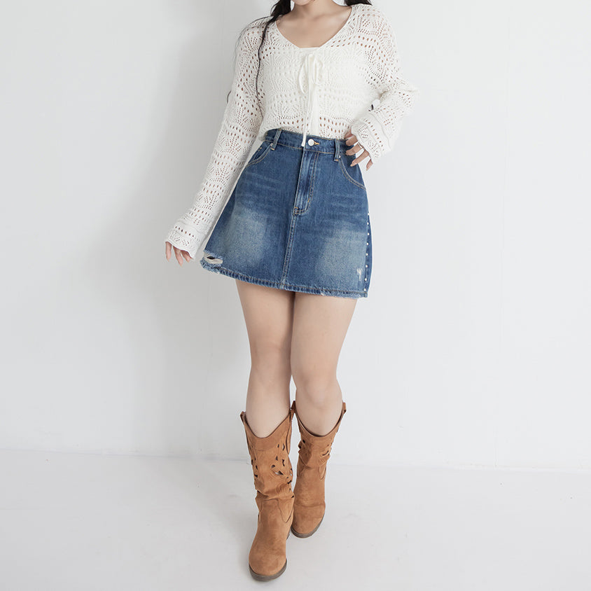 MUA! Side Pearl Studded Distressed Denim Plus Size Mini Skirt