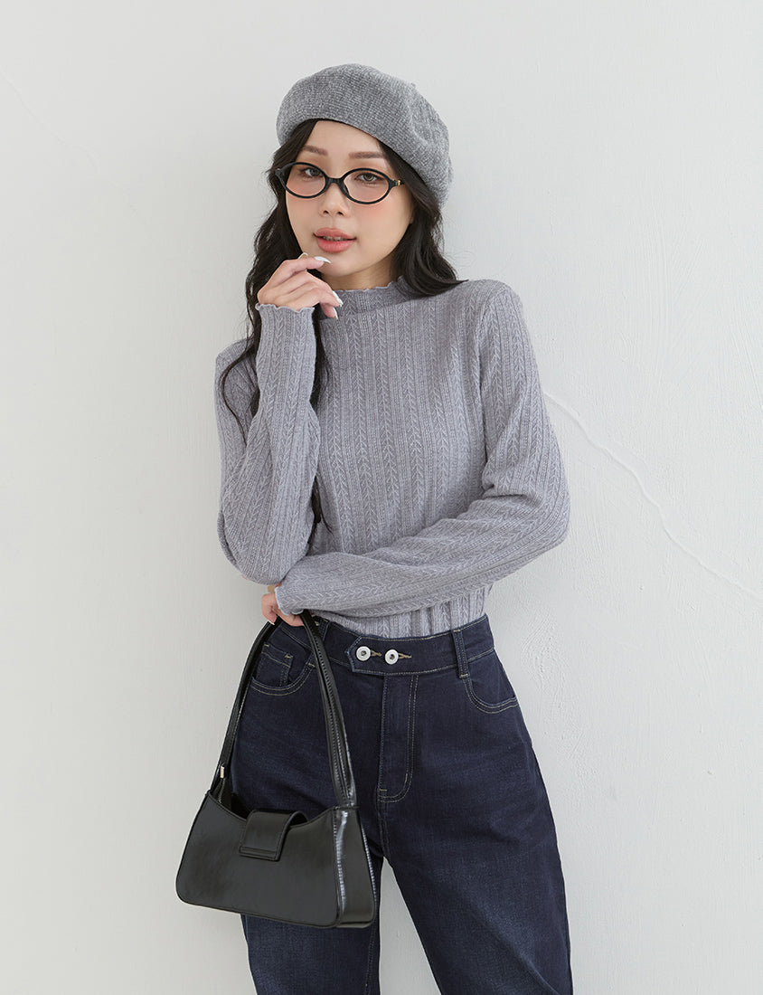 Soft Cable Knit Ribbed Rolled Edges Long Sleeve Plus Size Top