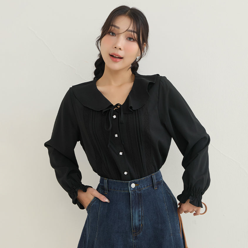 Romantic Ruffle Collar Lace Floral Button-Up Plus Size Blouse