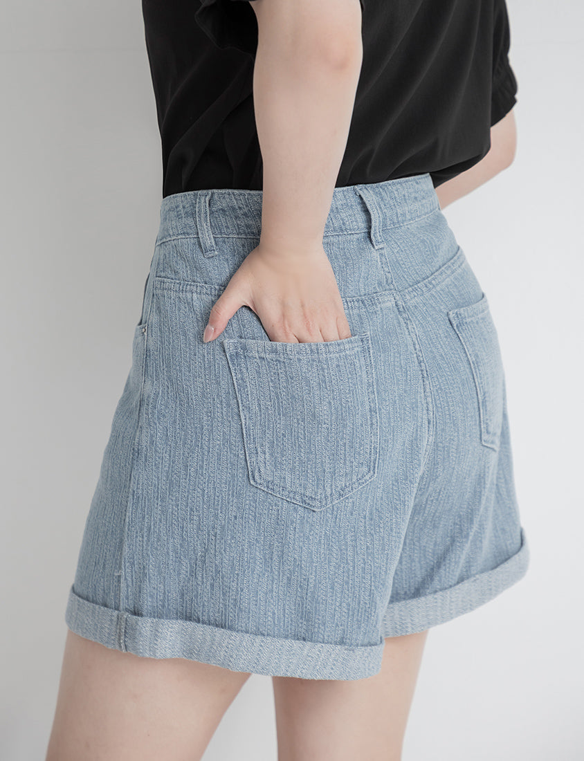 Textured Two-Tone Denim Cuffed Plus Size Shorts