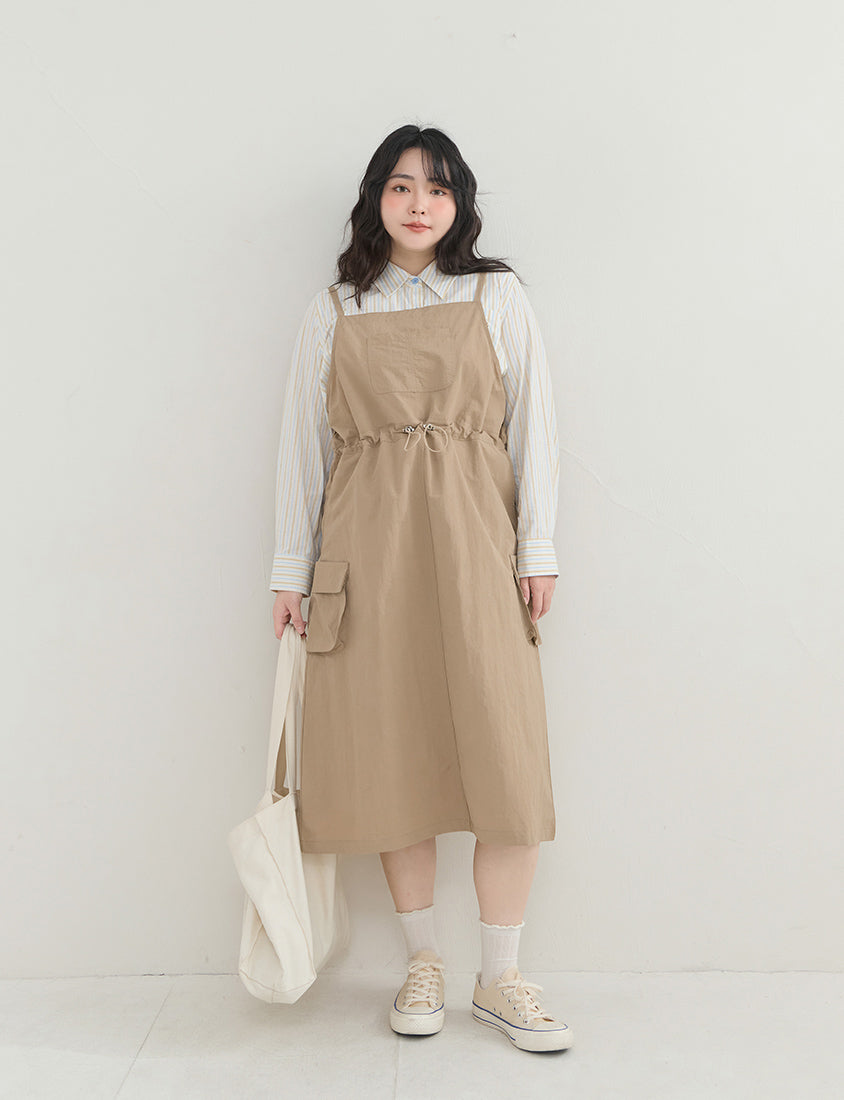 Vintage Utility Adjustable Strap Plus Size Maxi Dress