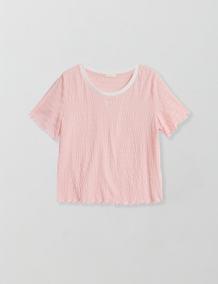 Bow Embroidery Ruffle Crinkle Plus Size Top