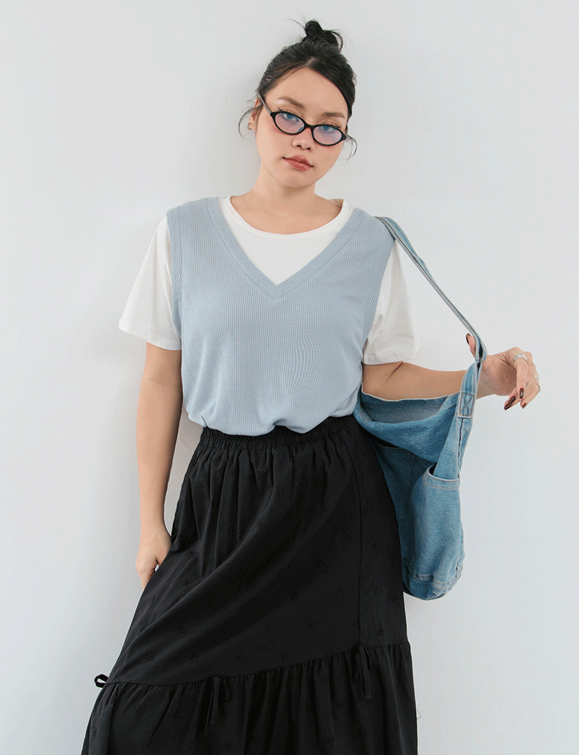 Contrast Waffle Faux Two Piece Plus Size Tee