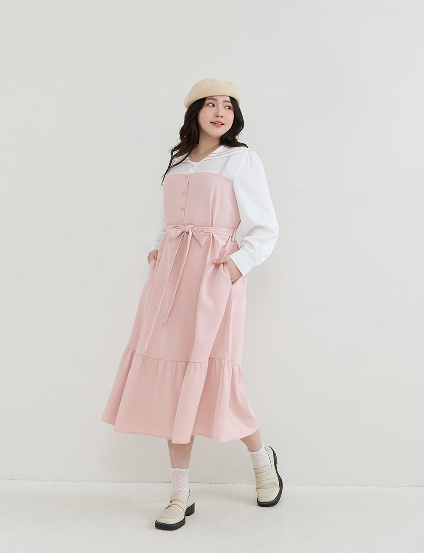 Contrast Sailor Collar Faux Two Piece Plus Size Maxi Dress (With Waist Tie)